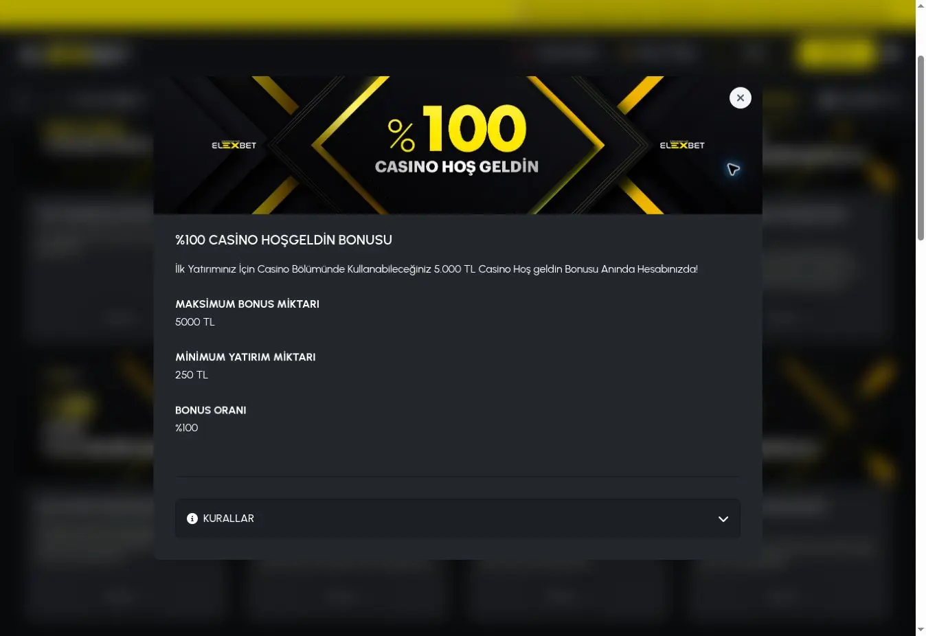 Elexbet resmi sitesindeki yüzde 100 casino hoş geldin bonusu koşulları